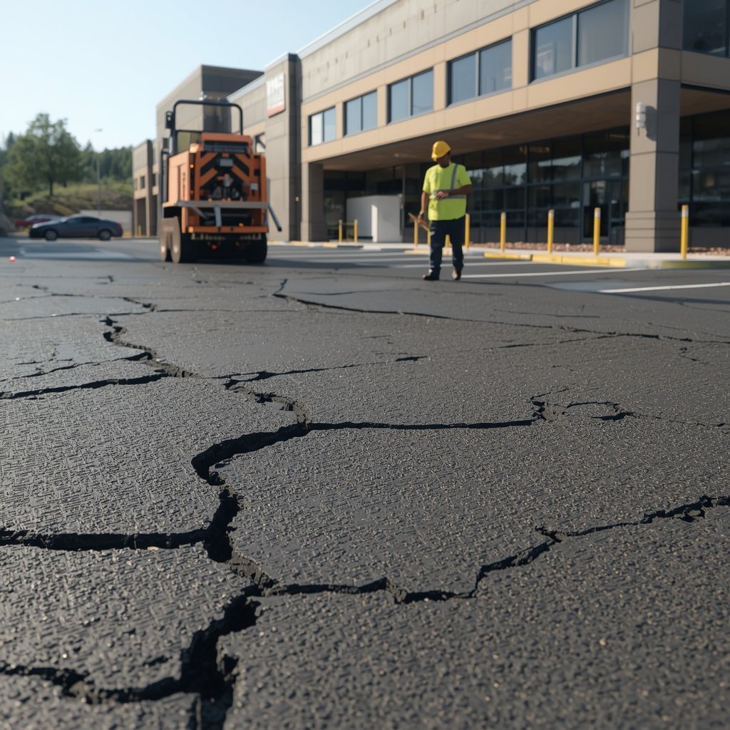 Cracked commercial parking lot with visible potholes and surface damage highlighting the need for timely parking lot maintenance