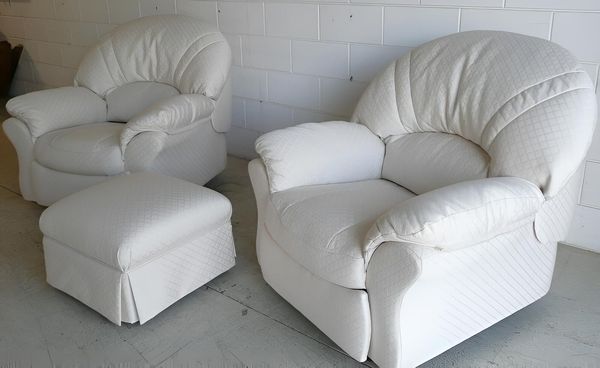Two White Chairs And An Ottoman Are Sitting In Front Of A White Brick Wall — Stitch Master in Manunda, QLD