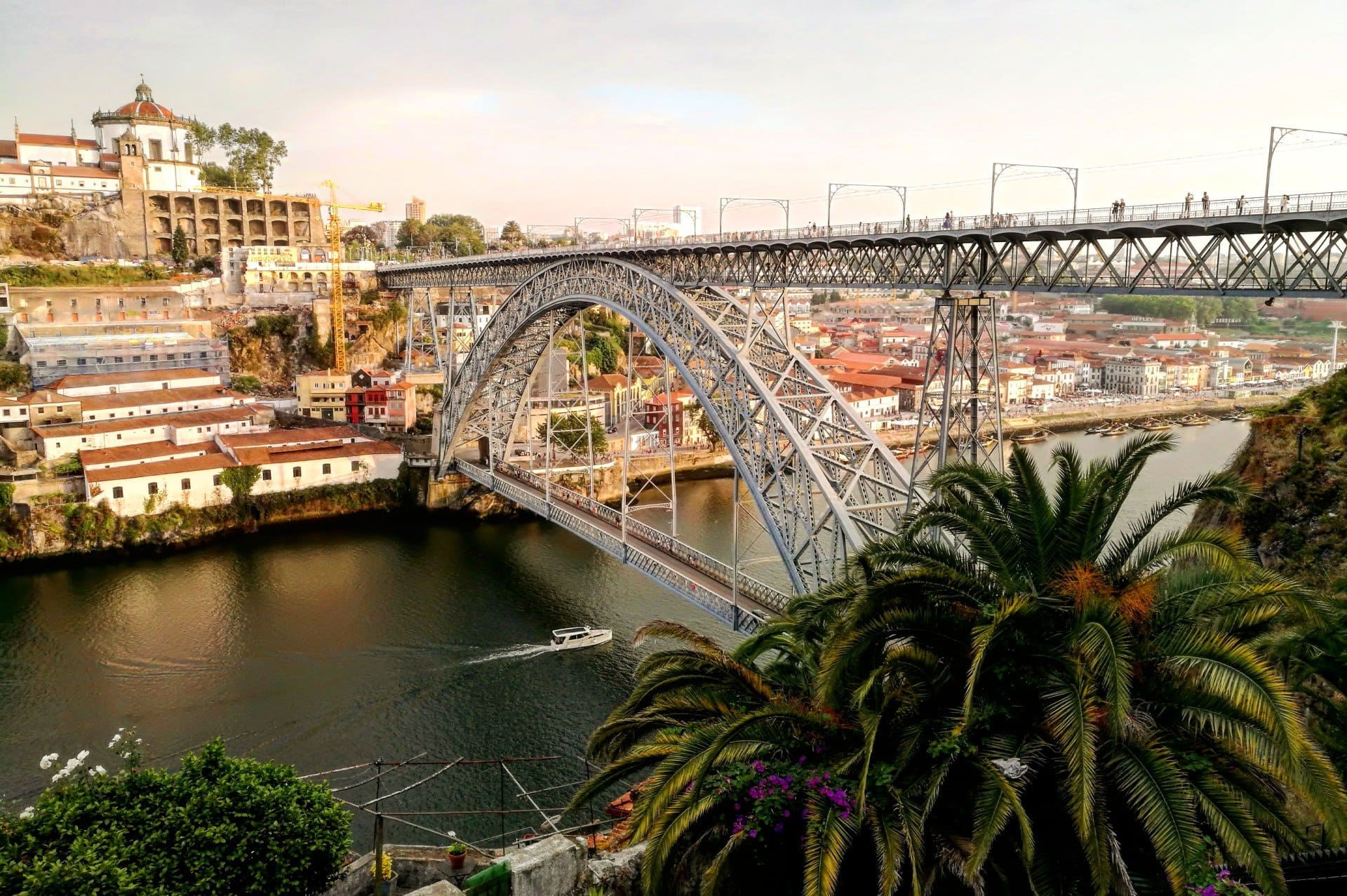 An aerial view of a bridge over a river with palm trees in the foreground.