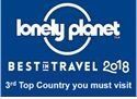 The logo for lonely planet best travel 2018 is blue and white.