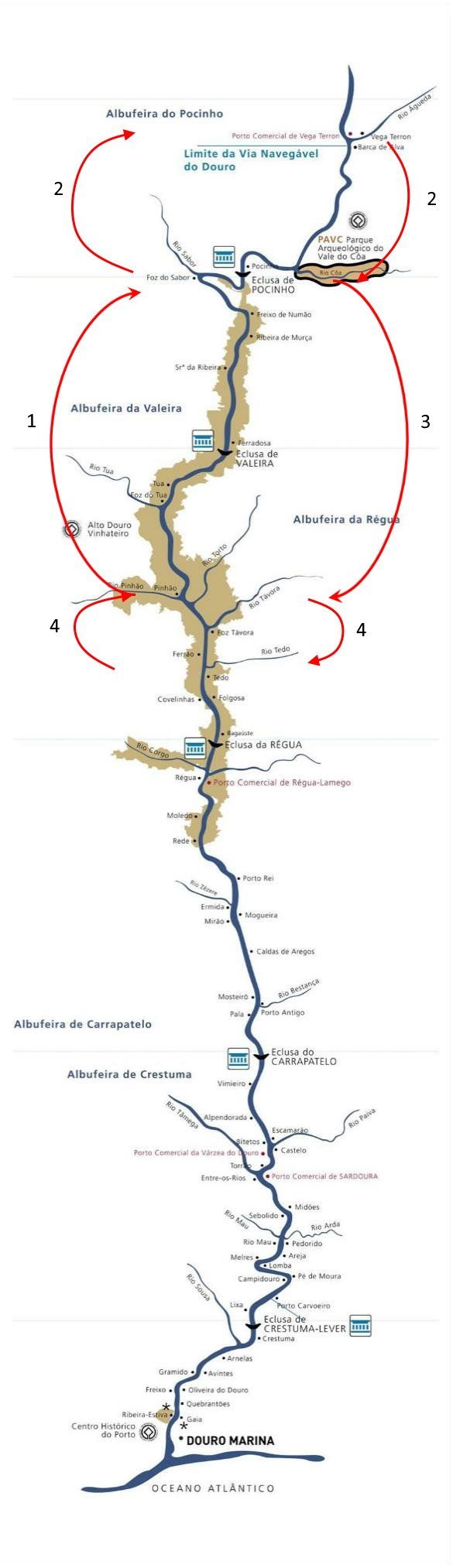 A map of a river with circles around it on a white background.