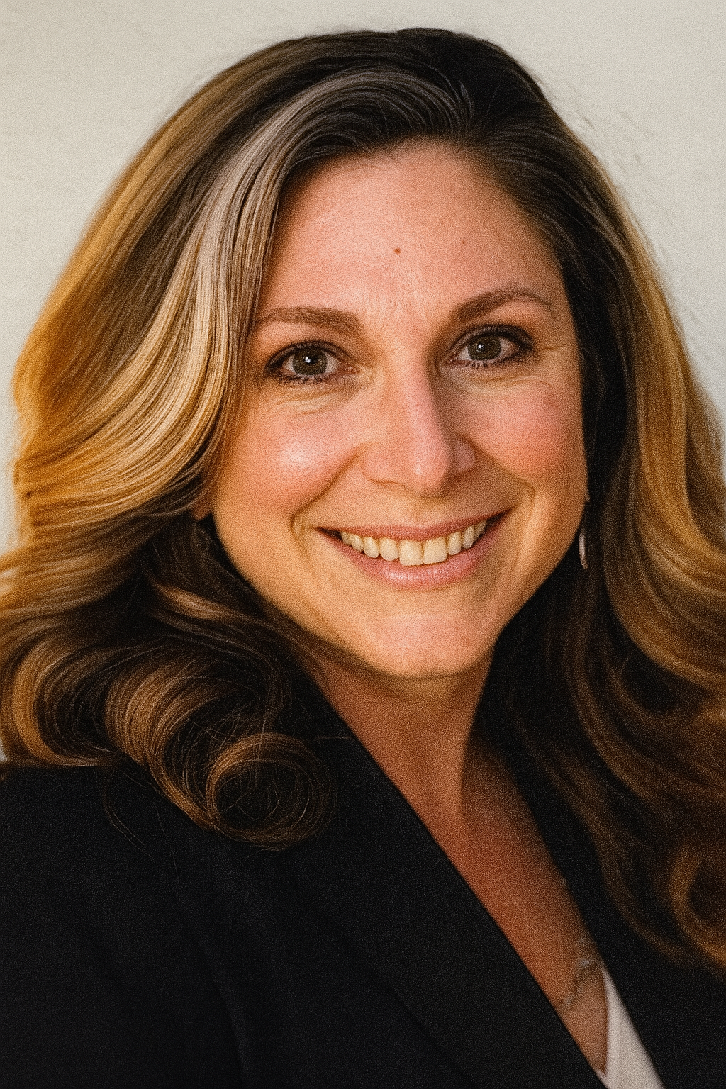 A woman wearing a black jacket and a necklace smiles for the camera
