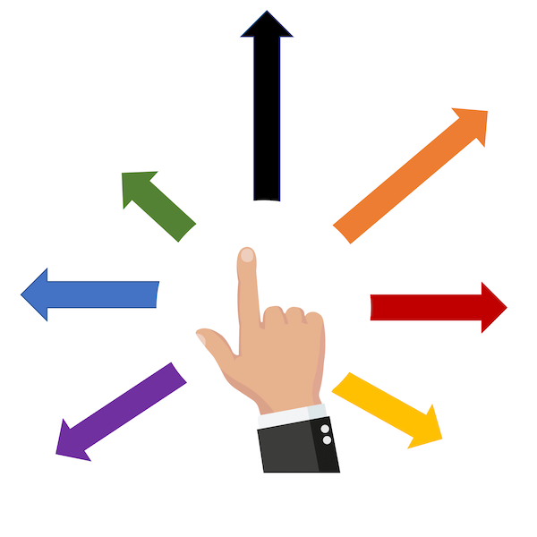 A hand pointing at a bunch of arrows pointing in different directions