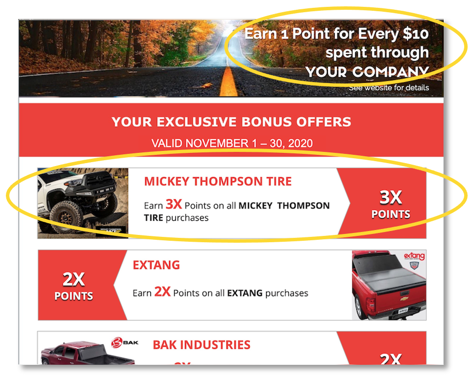 A flyer that says earn 1 point for every $10 spent through your company