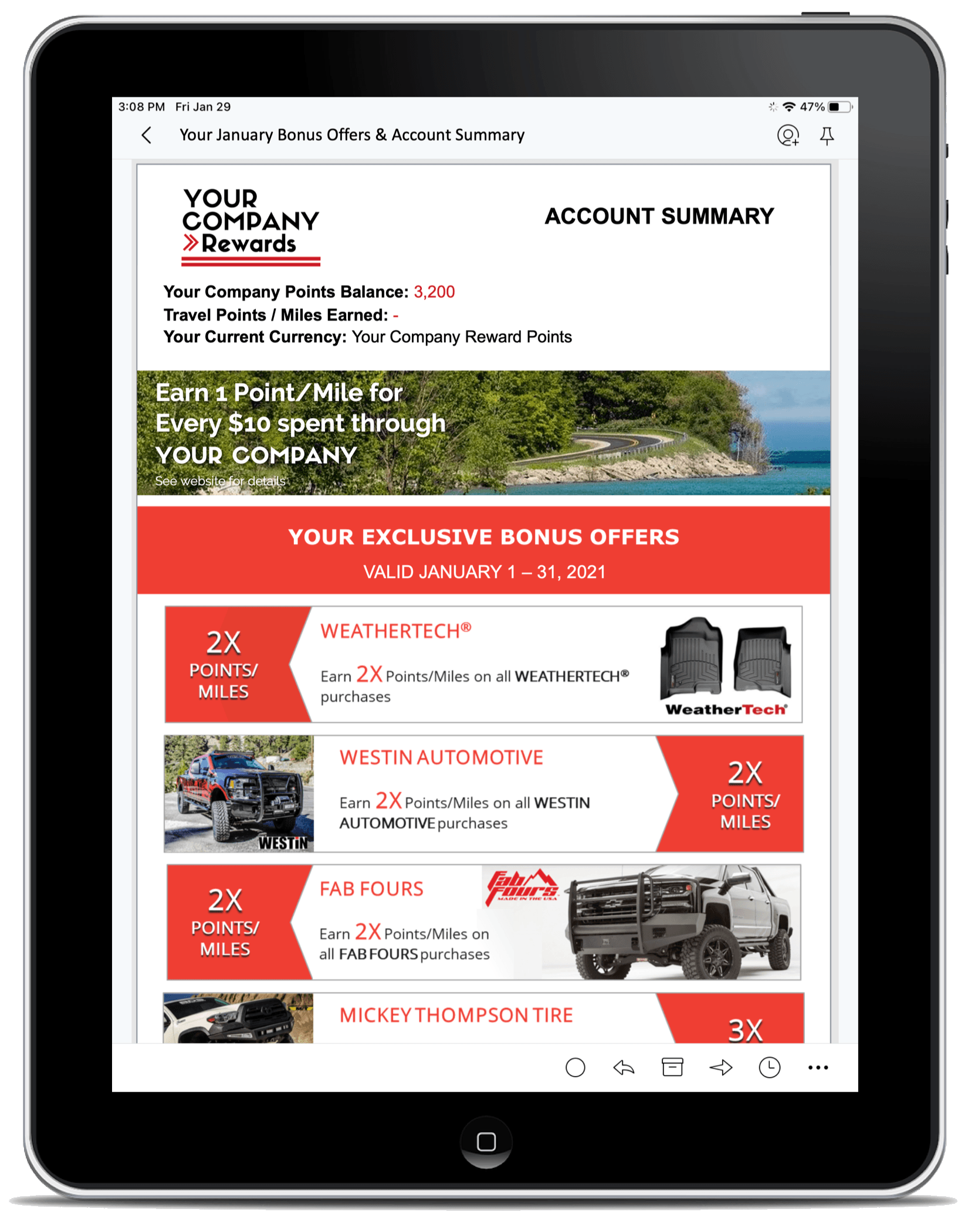 A tablet with a red and white advertisement on it.