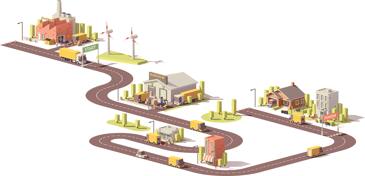 A low poly illustration of a road going through a city.