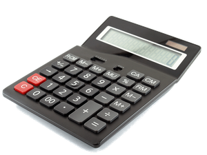 A black calculator with red keys on a white background