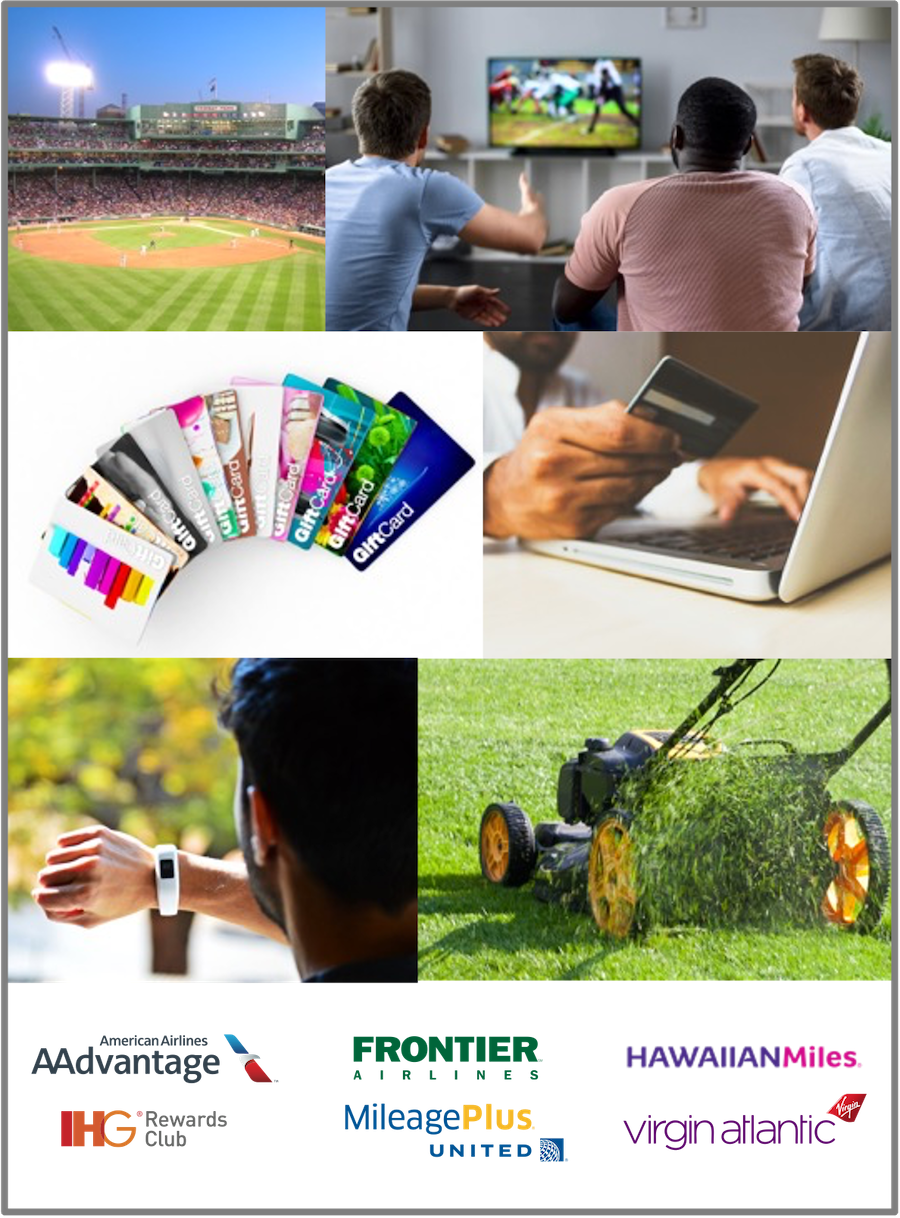 A collage of images shows people watching a baseball game using a laptop and a lawn mower.