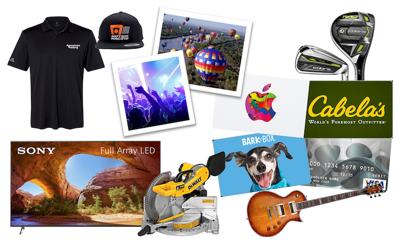 A t-shirt, Hat, TV, Golf Stick, Saw Machine, Macbook and  Guitar. 