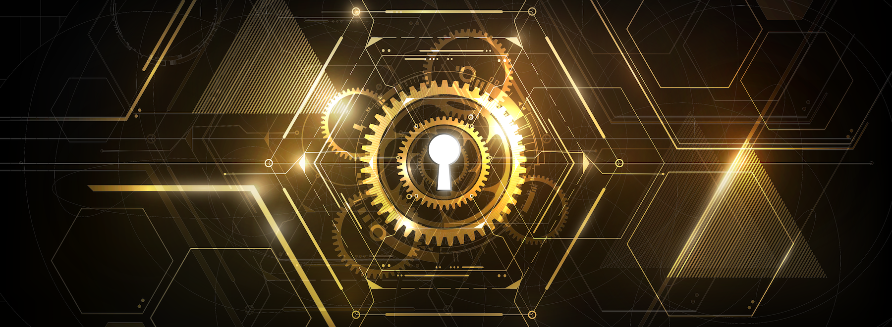 A lock is surrounded by gears on a black background.