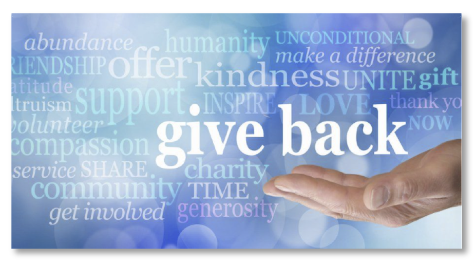 A hand is reaching out towards the word give back.