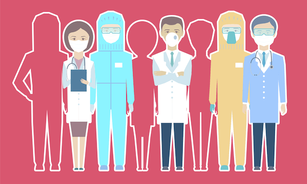 A group of doctors and nurses wearing protective suits and masks standing next to each other.