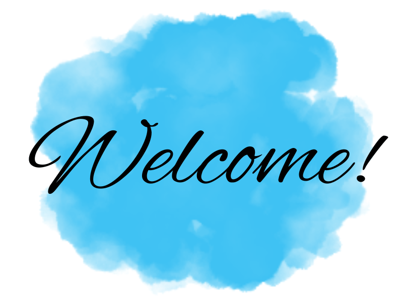 The word welcome is written in black on a blue background.