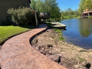 An empty parking lot with white lines and trees in the background.