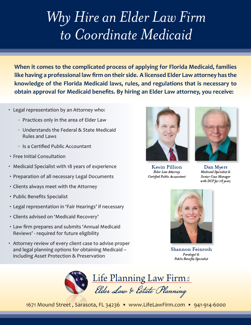 Flyer: Explaining the benefits of hiring an elder law firm to coordinate Medicaid. Includes headshots of three attorneys.