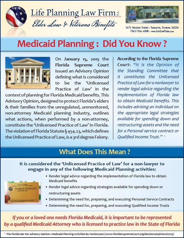 Flyer on Medicaid planning. Text discusses Florida Supreme Court's advisory 