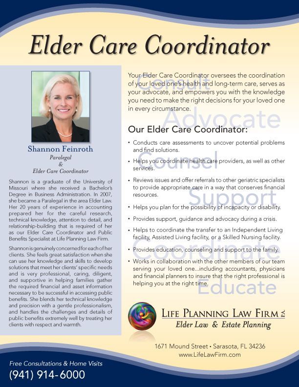 Elder care coordinator advertisement with a photo of a smiling woman, and contact information.
