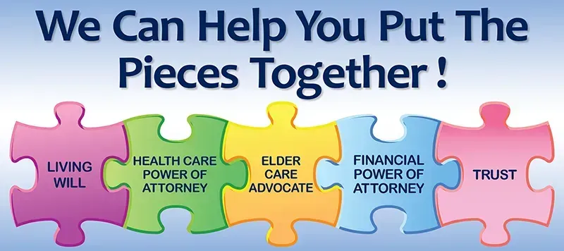 Five colorful puzzle pieces labeled Living Will, Health Care Power of Attorney, Elder Care Advocate, POA, and Trust.