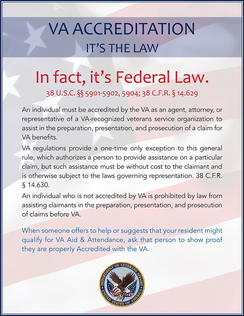 VA accreditation information: Federal law. Text on blue and white background with VA seal.