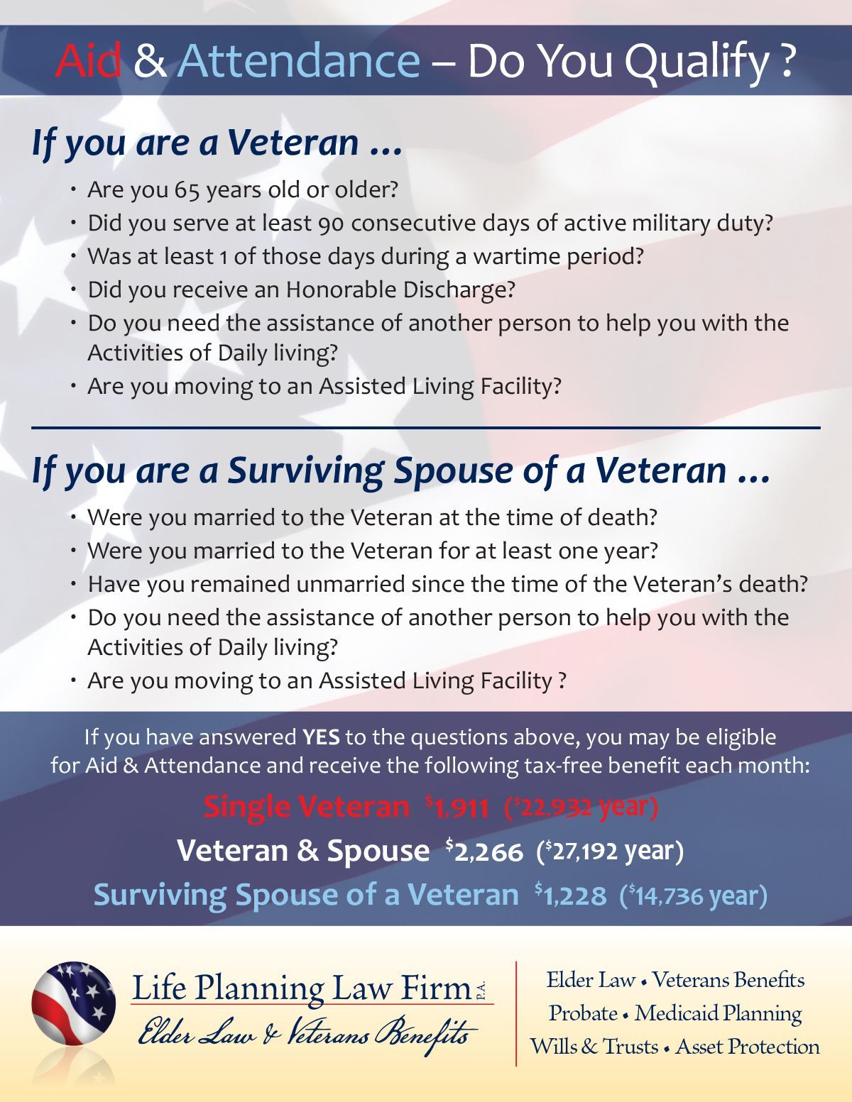 Informational flyer about Aid & Attendance benefits for veterans and surviving spouses.