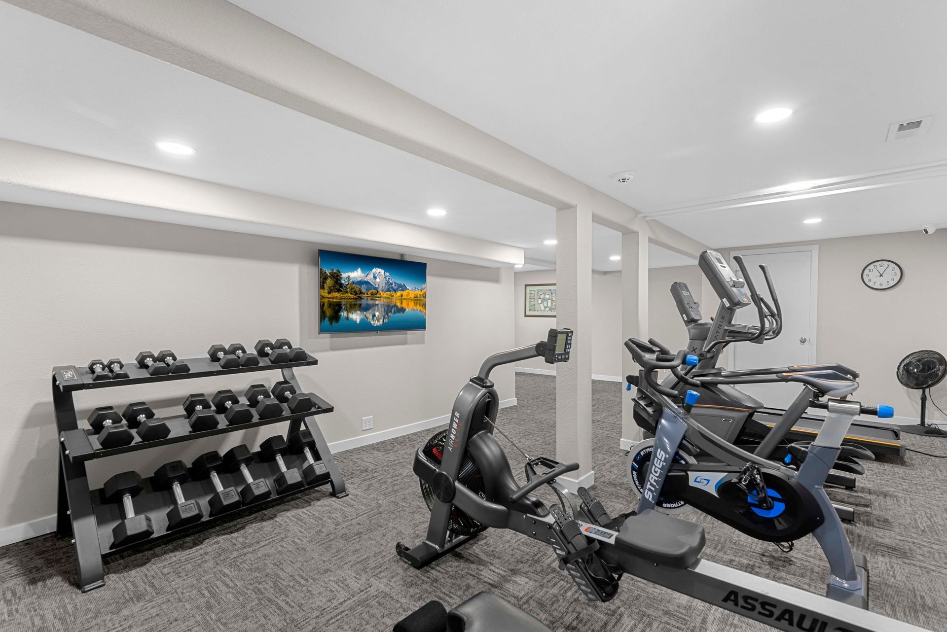 A gym with a lot of exercise equipment and dumbbells.