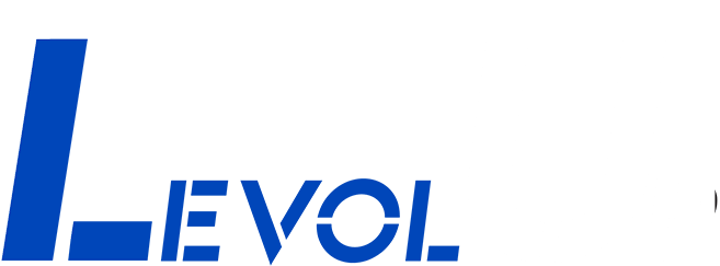 A blue and white logo for levol on a white background