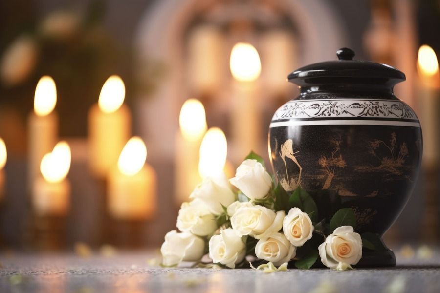 Woman in black holding a red rose, touching a black urn near a photo and candles on a table.