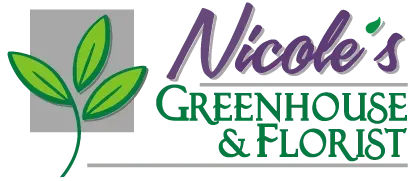 Logo for Nicole's Greenhouse & Florist, featuring green leaves and a purple name.