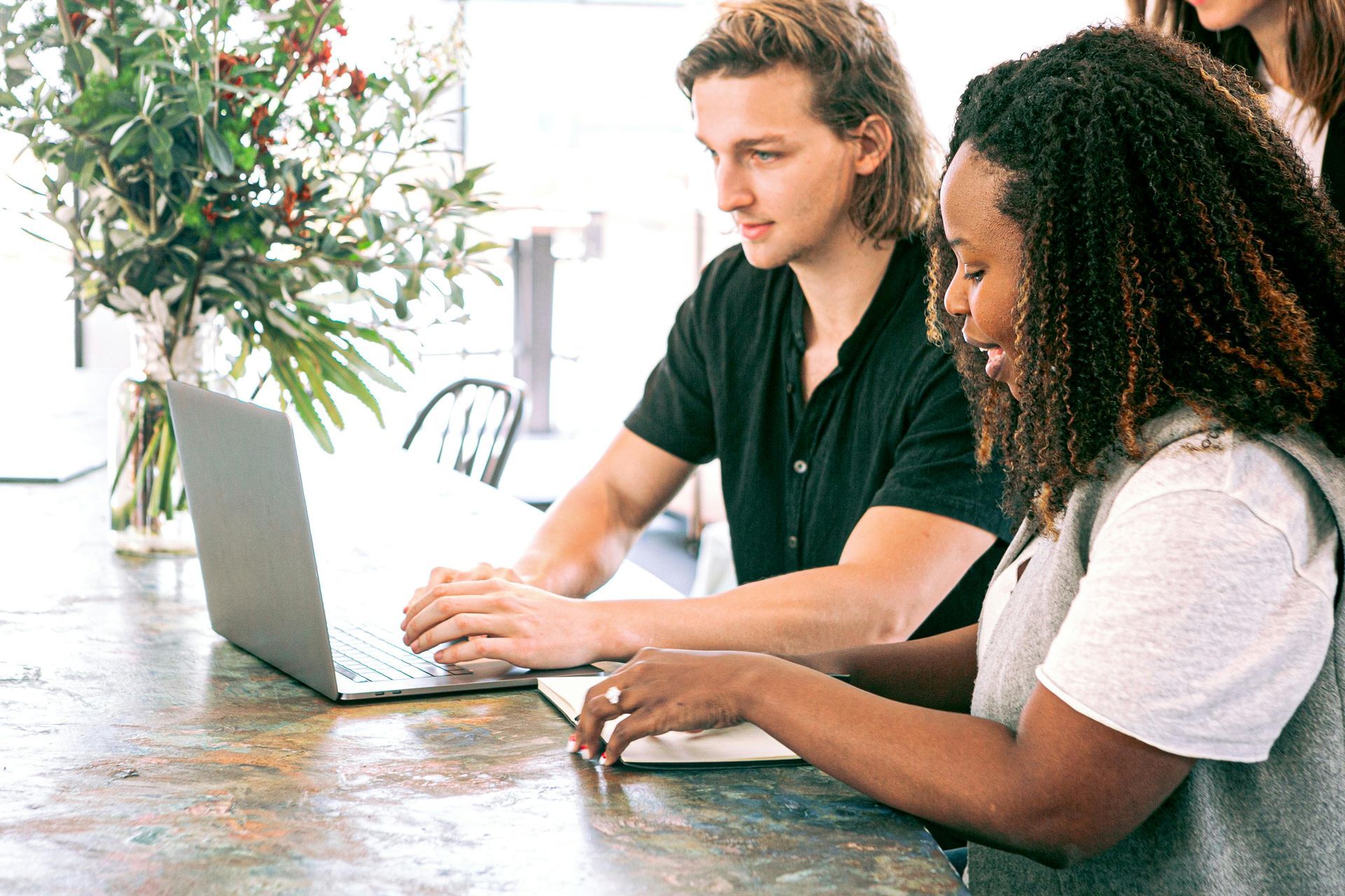 Two people looking at laptop, one typing, at a table near a window. Plants in background.