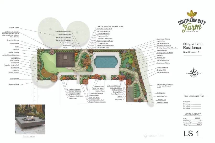 A drawing of a garden with a pool and a fire pit.