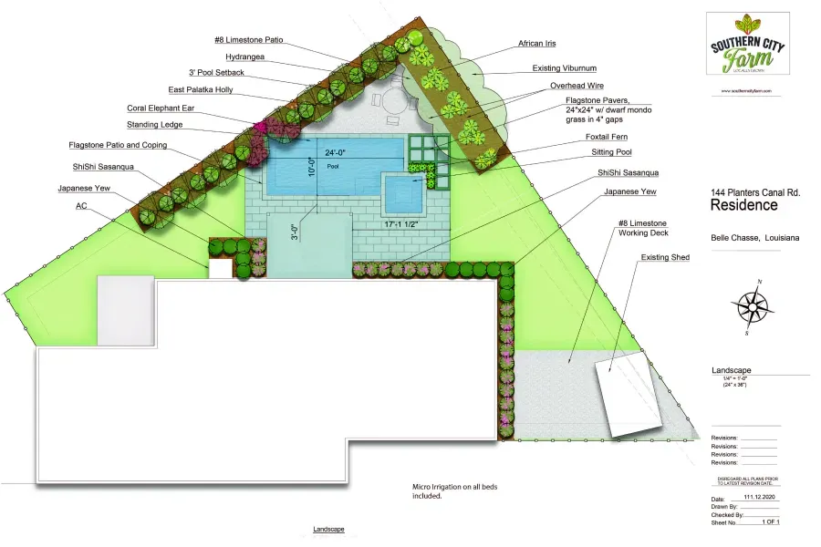 A drawing of a garden with a pool and a house in the background.