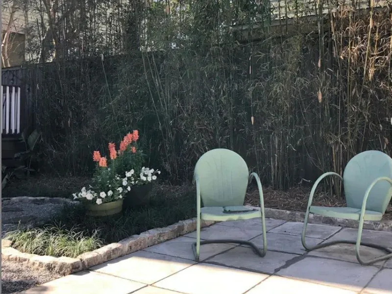 A patio with two chairs and a table with flowers in the background.