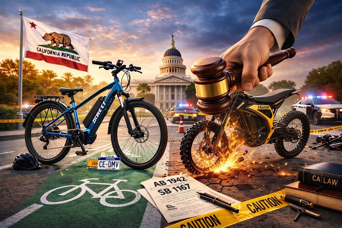 legal e-bike vs. illegal e-moto in California with gavel-smashing e-moto. CA e-bike legislation 
