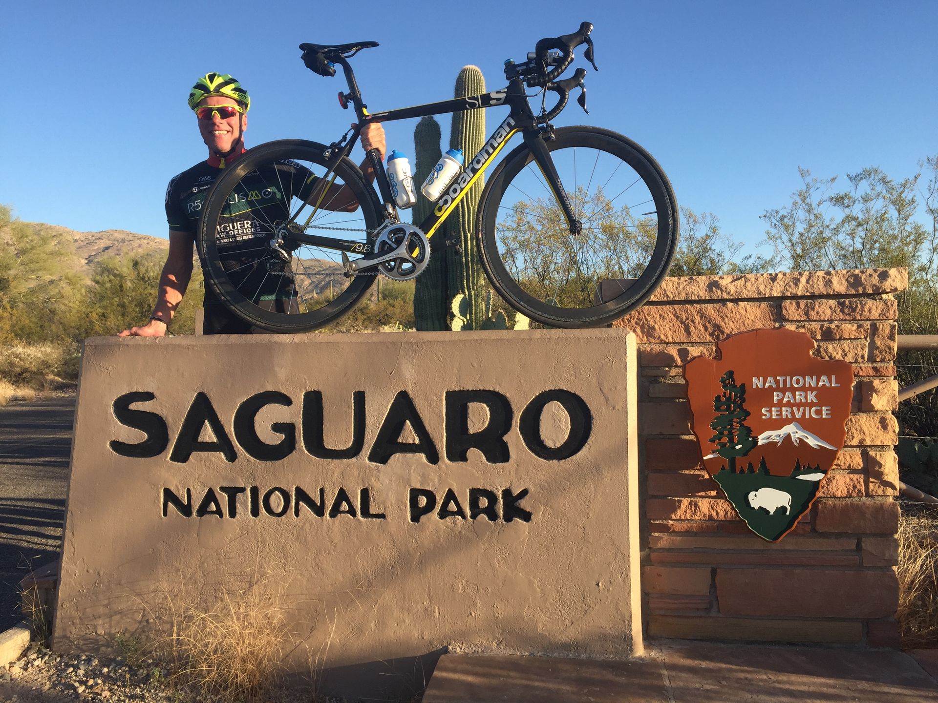 Road cyclist at Saguaro National Park AZ