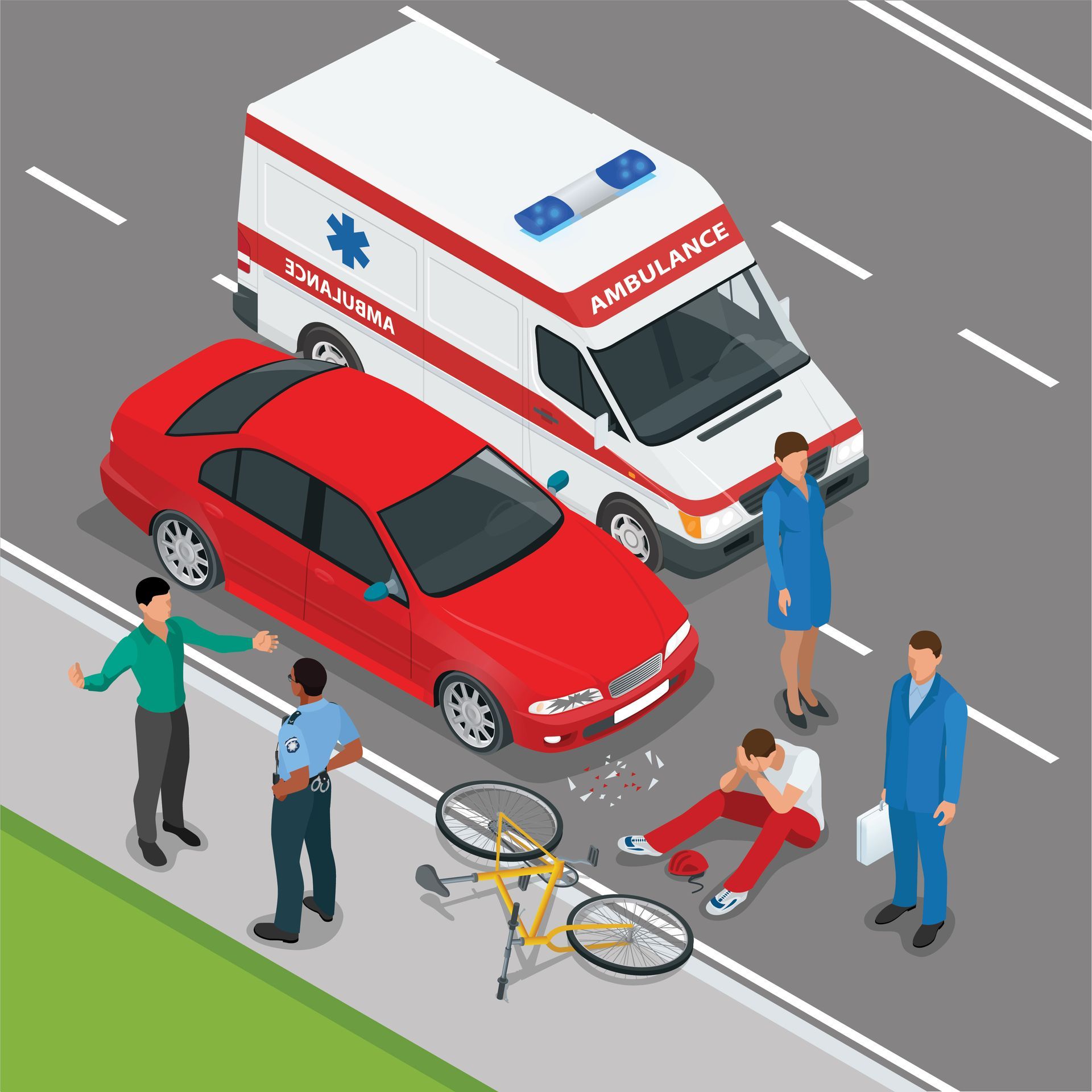 Cartoon style image of cyclist involved in a crash with a car