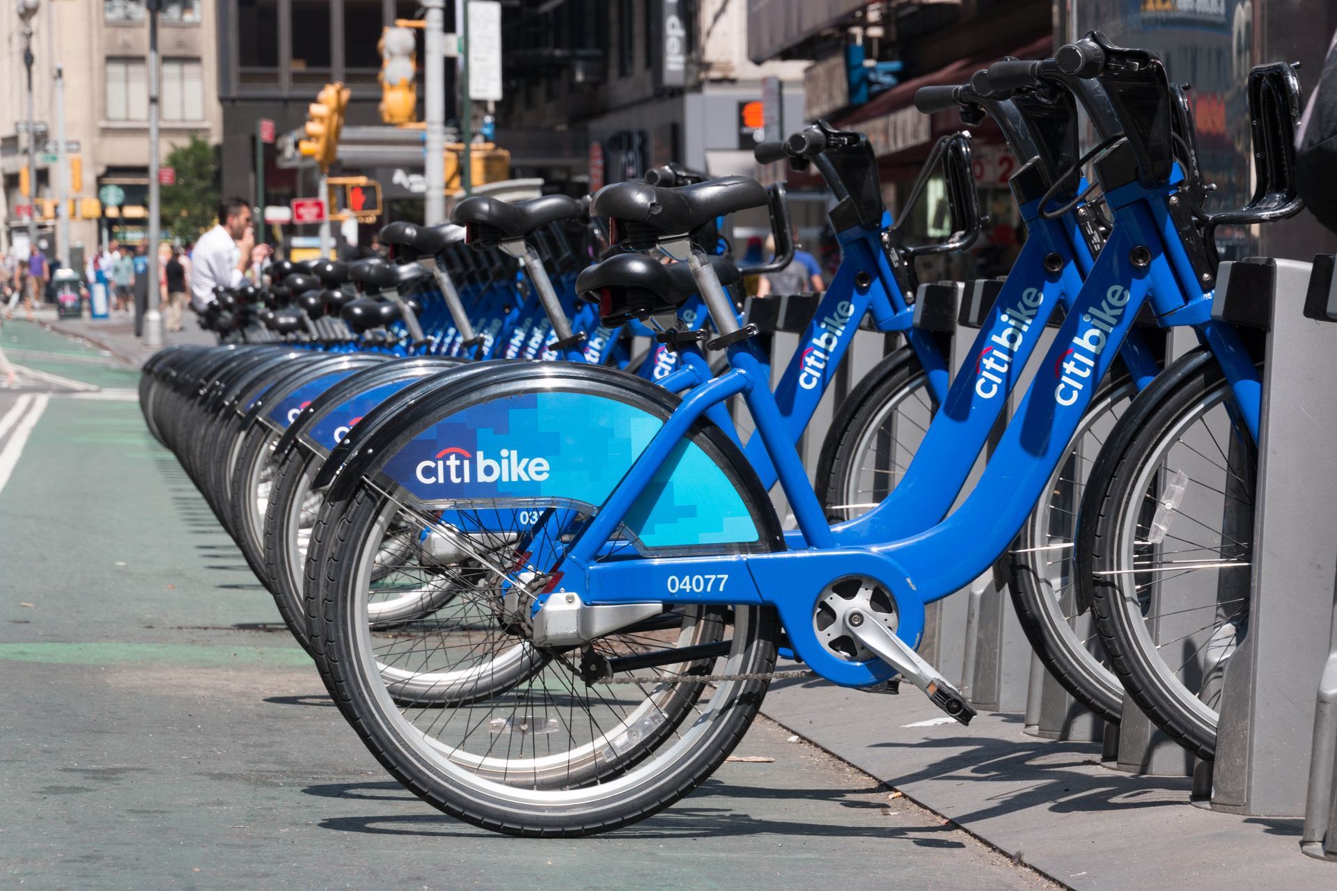 Citi-Bike ride share bicycles docked waiting for hire in NYC