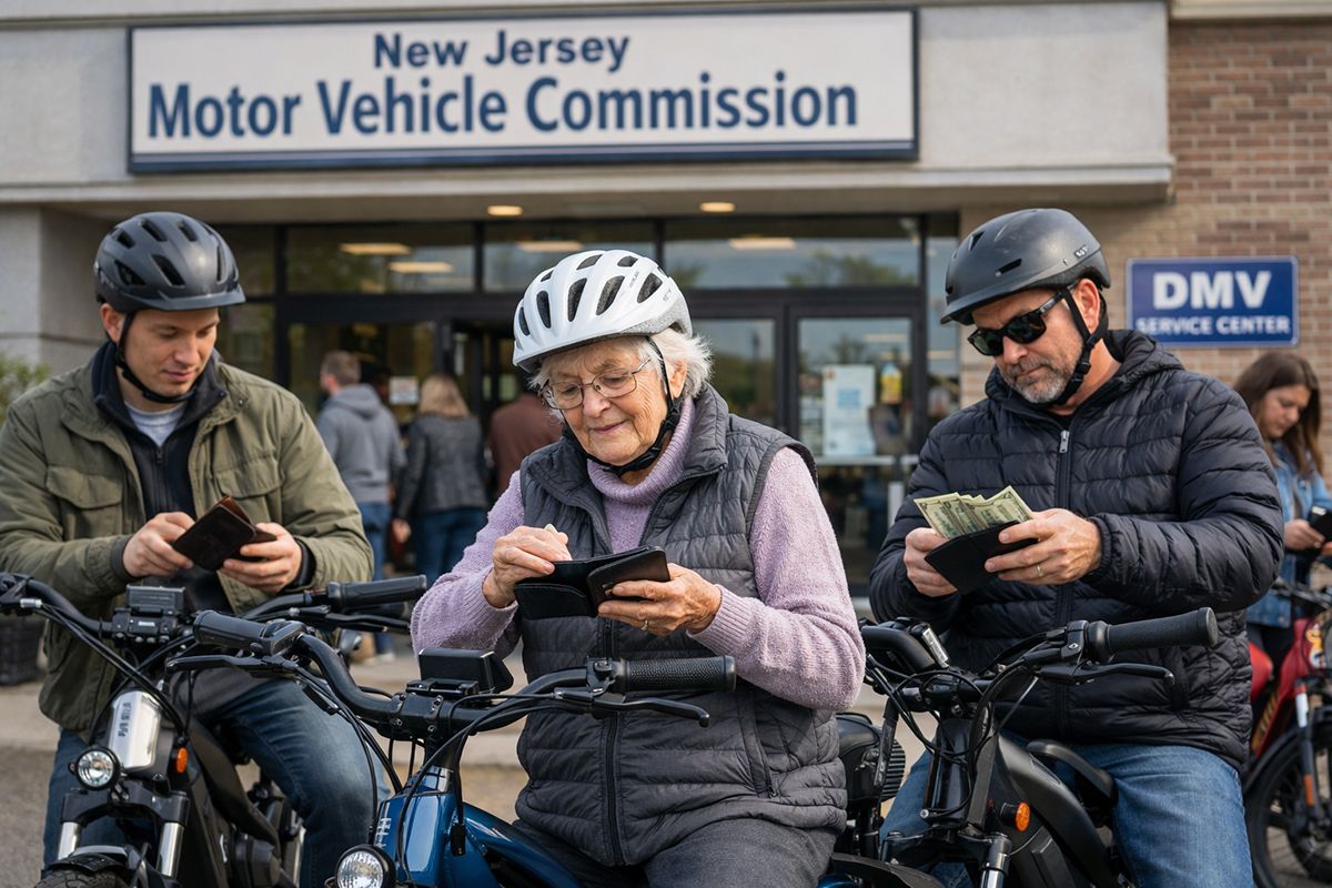 An elderly woman and two men on e-bikes in front of the New Jersey DMV