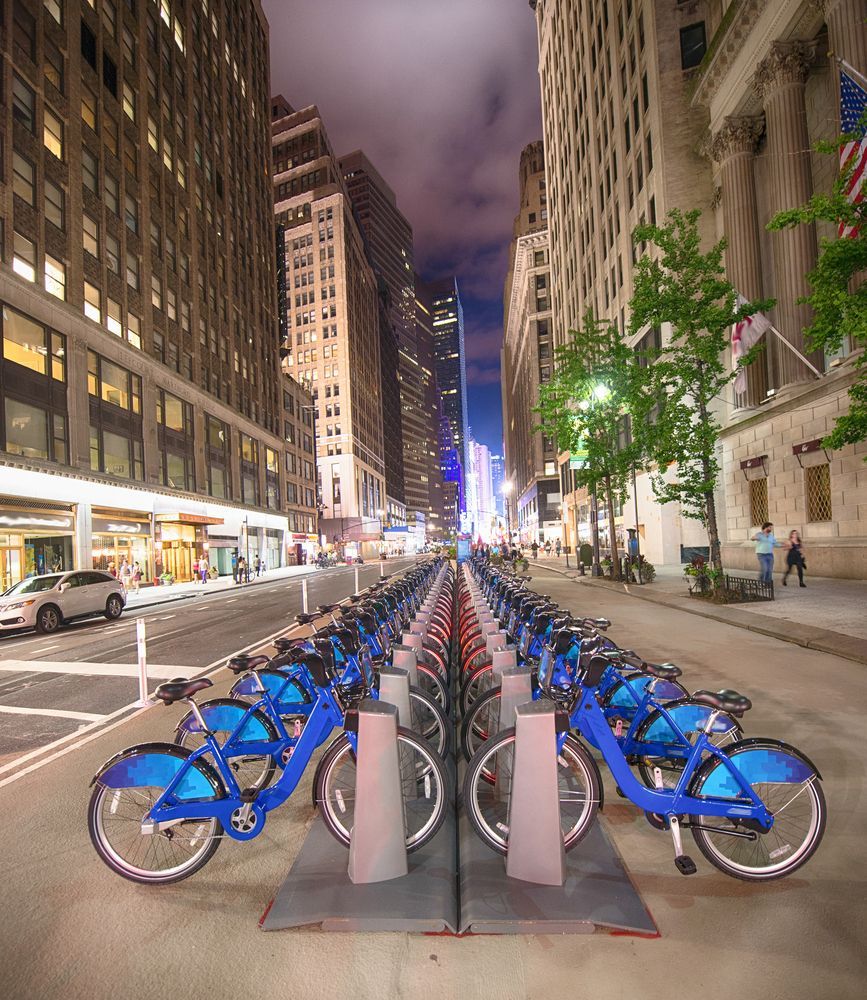 Row of blue Citi Bikes-Bike Share program in New York City
