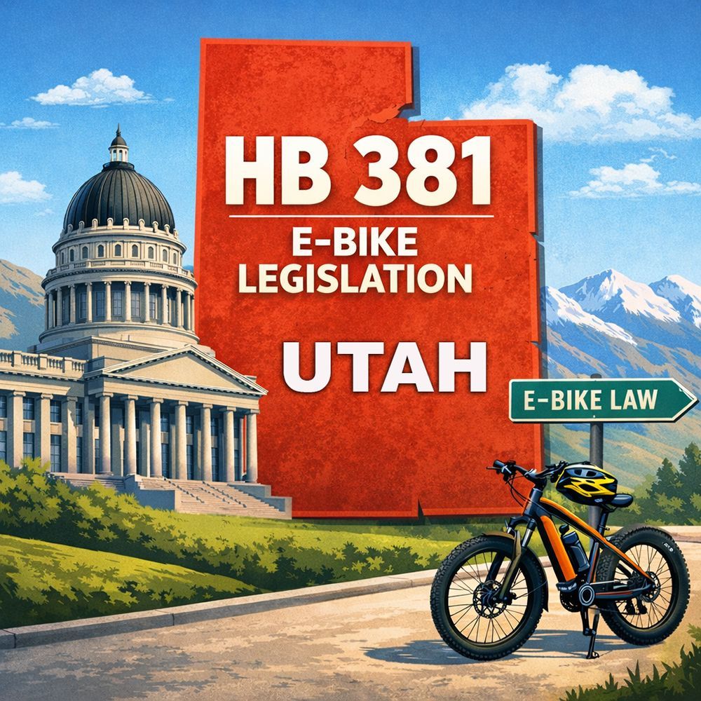 HB 381 - Utah E-bike Legislation 2026. Utah Capitol Building with an e-bike in front