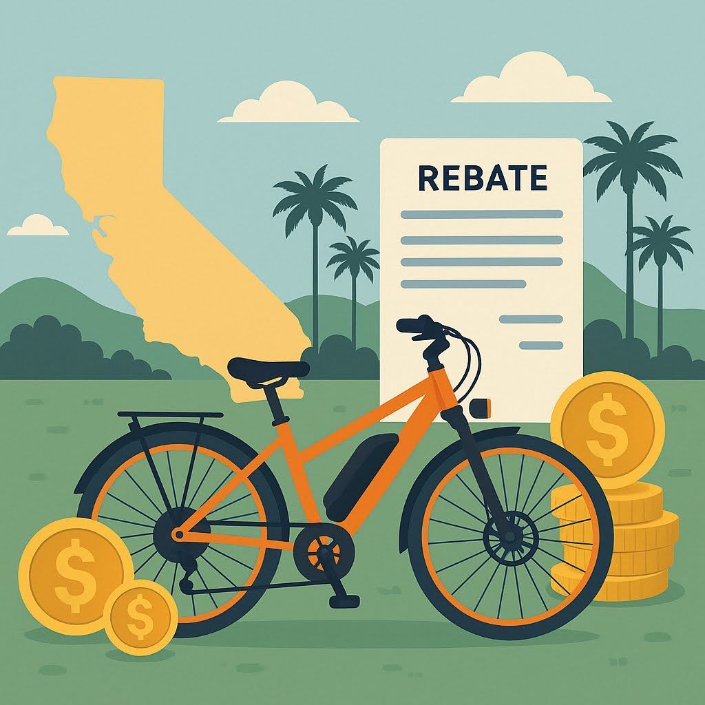Illustration of an electric bicycle with the California electric bike rebate program application