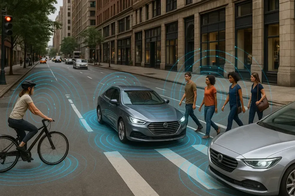 Connected vehicle technology that detects the presence of bicyclists and pedestrians