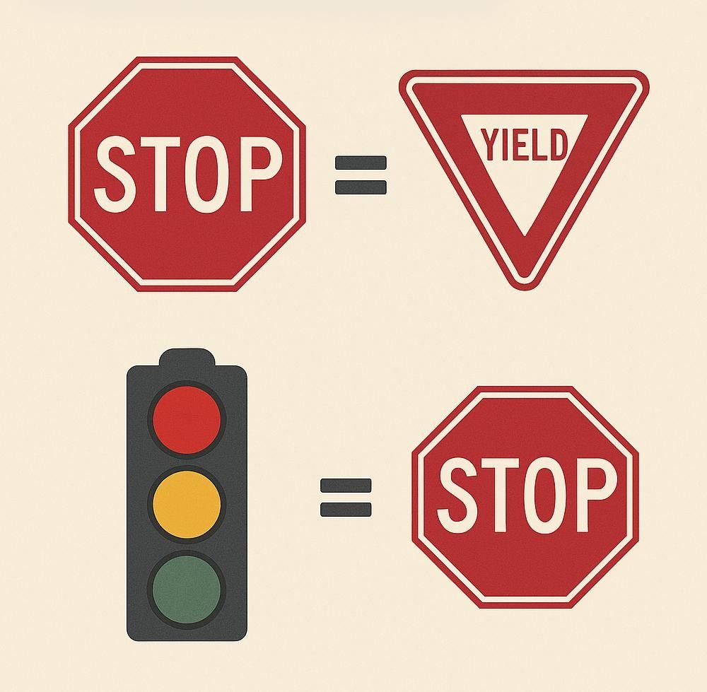 Illustration of Idaho Stop Law allowed behavior for cyclists: stop sign = Yield sign, stop light = stop sign