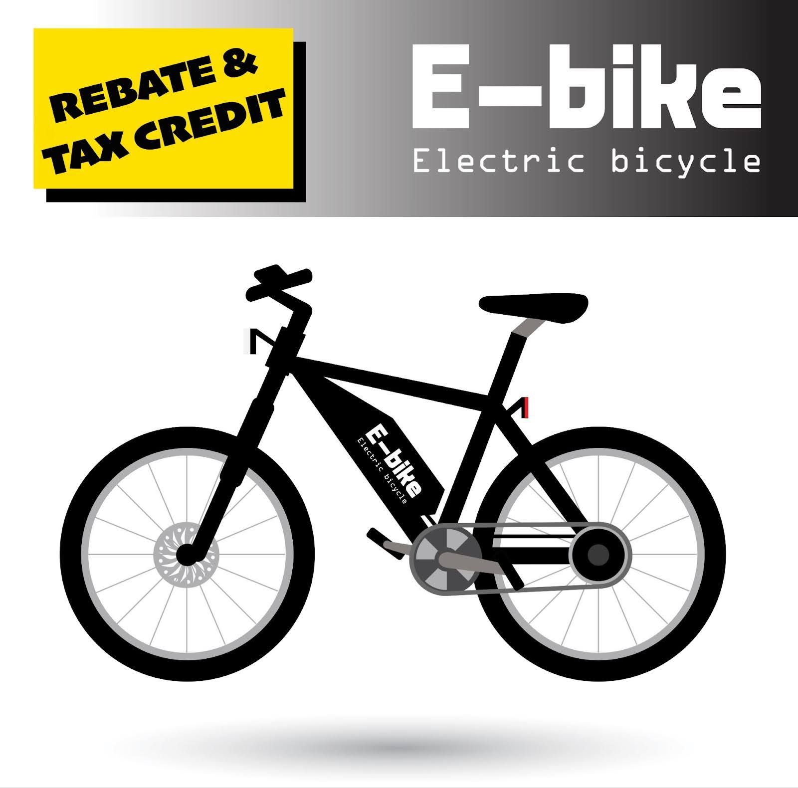 Illustration of an electric bicycle with a banner for US tax credit and rebates