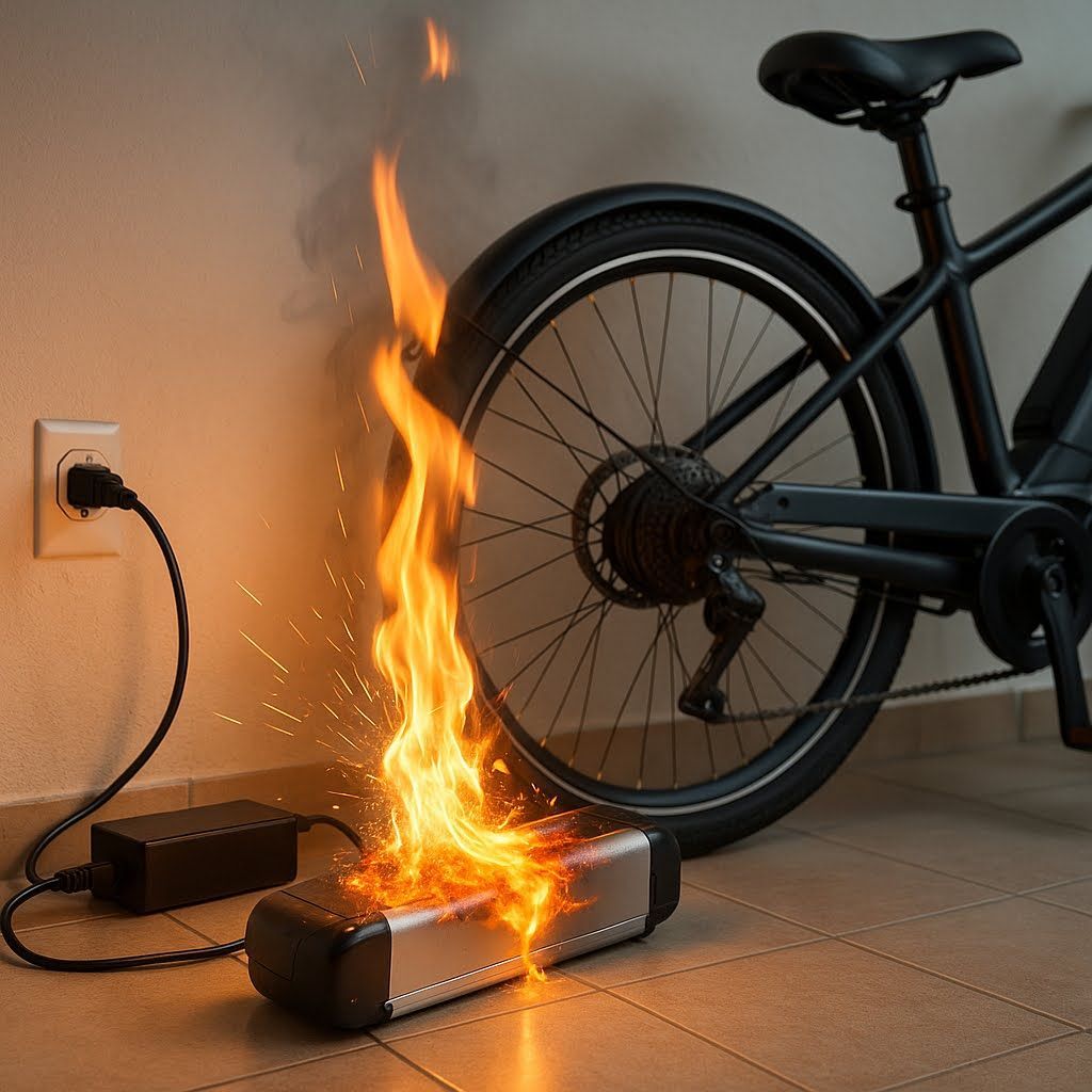 Electric bicycle lithium-ion battery catches fire while charging next to an electric bicycle