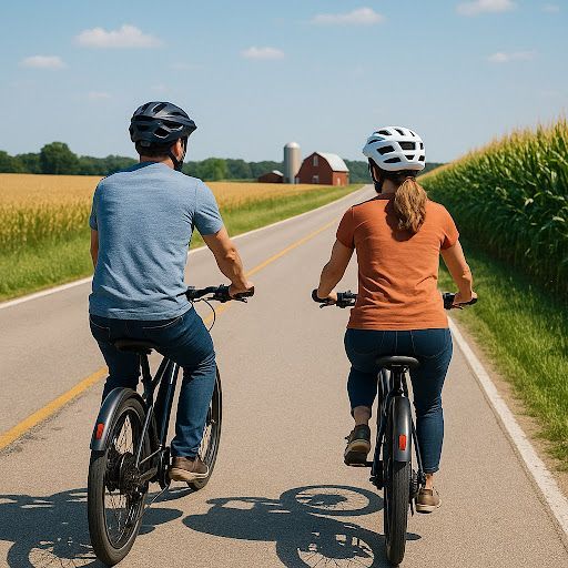 happy couple riding e-bikes on a country farm road in Iowa. Iowa e-bike laws and legislation