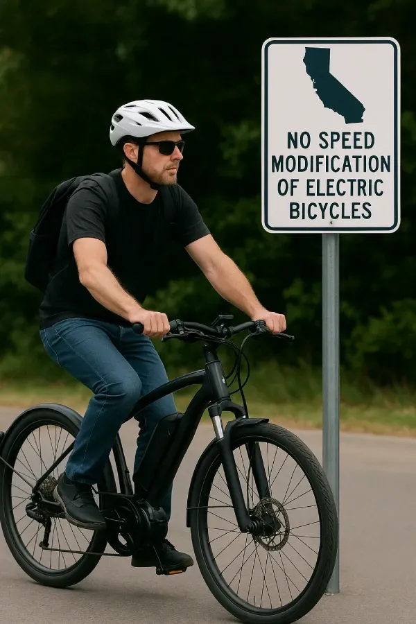 Man riding an electric bicycle next to a California sign stating No Speed Modification of Electric Bicycles