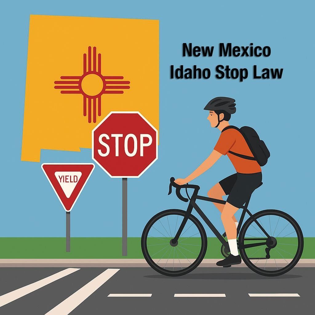 Illustration of a New Mexico cyclist approaching an intersection with a stop and yield sign.