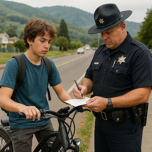 California AB 1778- Police officer ticketing a young boy on an e-bike for not wearing a helmet.
