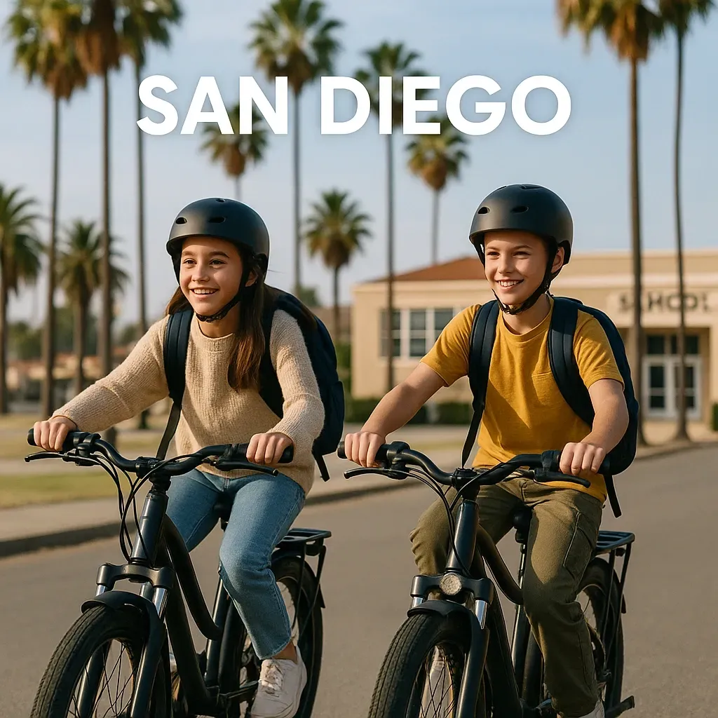 boy and girl riding e-bikes to school in San Diego. Assembly Bill 2234 Pilot Program