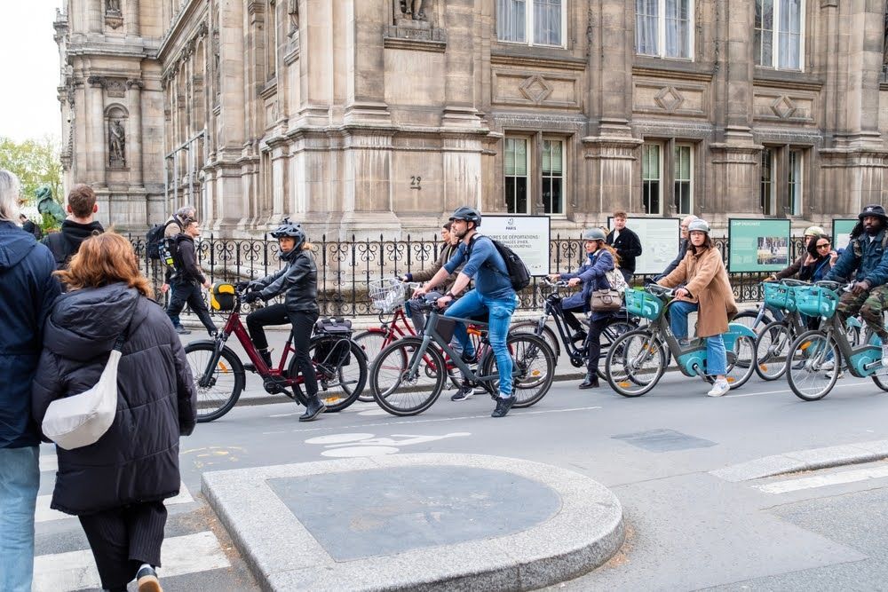 Paris, France, Europe, April 14 2025, street scene with bicycles in the city of Paris on a dedicated cycle track.